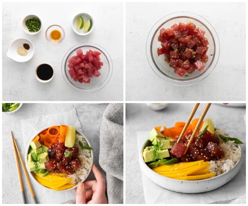 step by step photos for how to make tuna poke bowls.