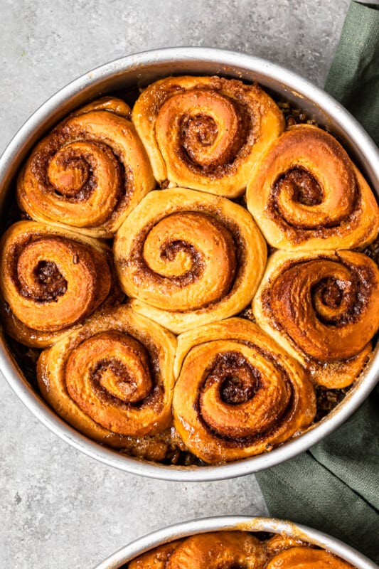 sticky buns in a round cake pan after baking