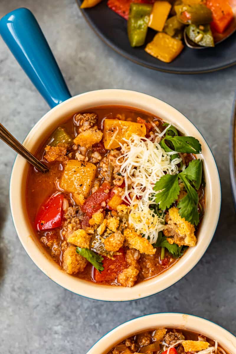 stuffed pepper soup in a bowl with a spoon