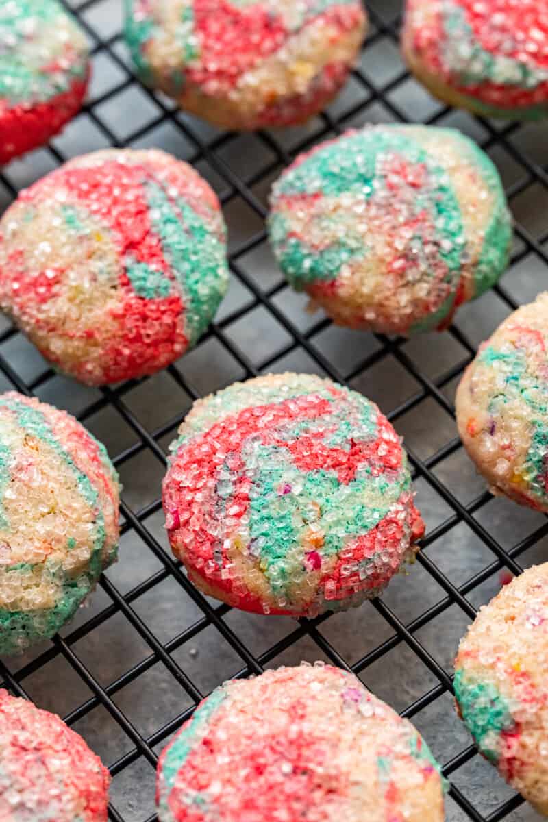 tie dye cookies on a cooling rack