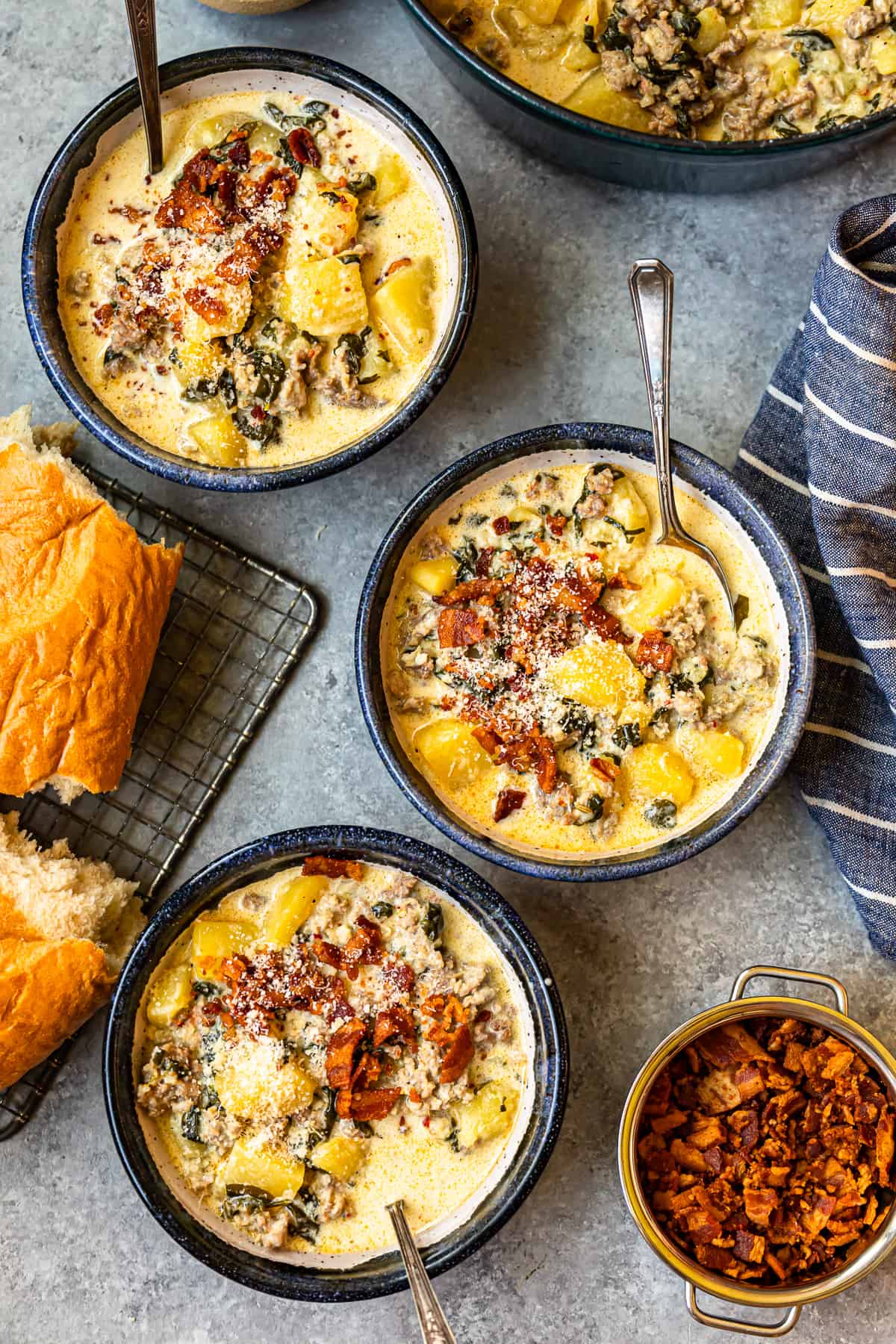 3 bowls of zuppa toscana soup
