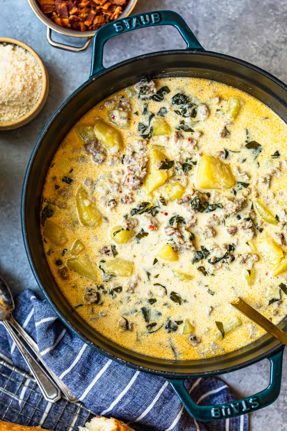 zuppa toscana soup in a pot with a ladle
