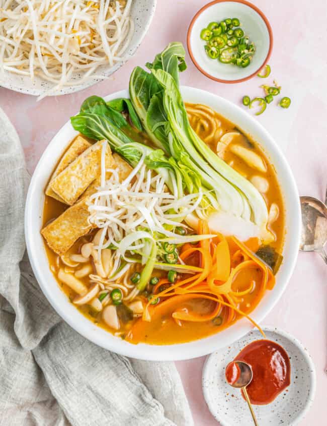 overhead view of easy ramen in a white bowl.