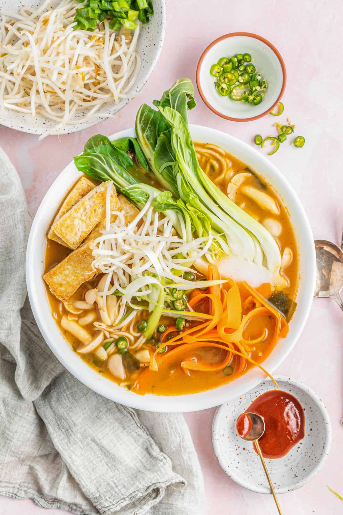 overhead view of easy ramen in a white bowl.