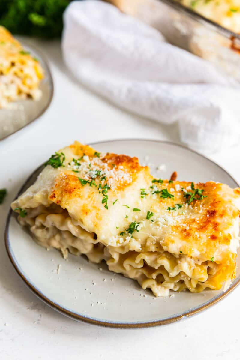 chicken alfredo lasagna roll up on a white plate