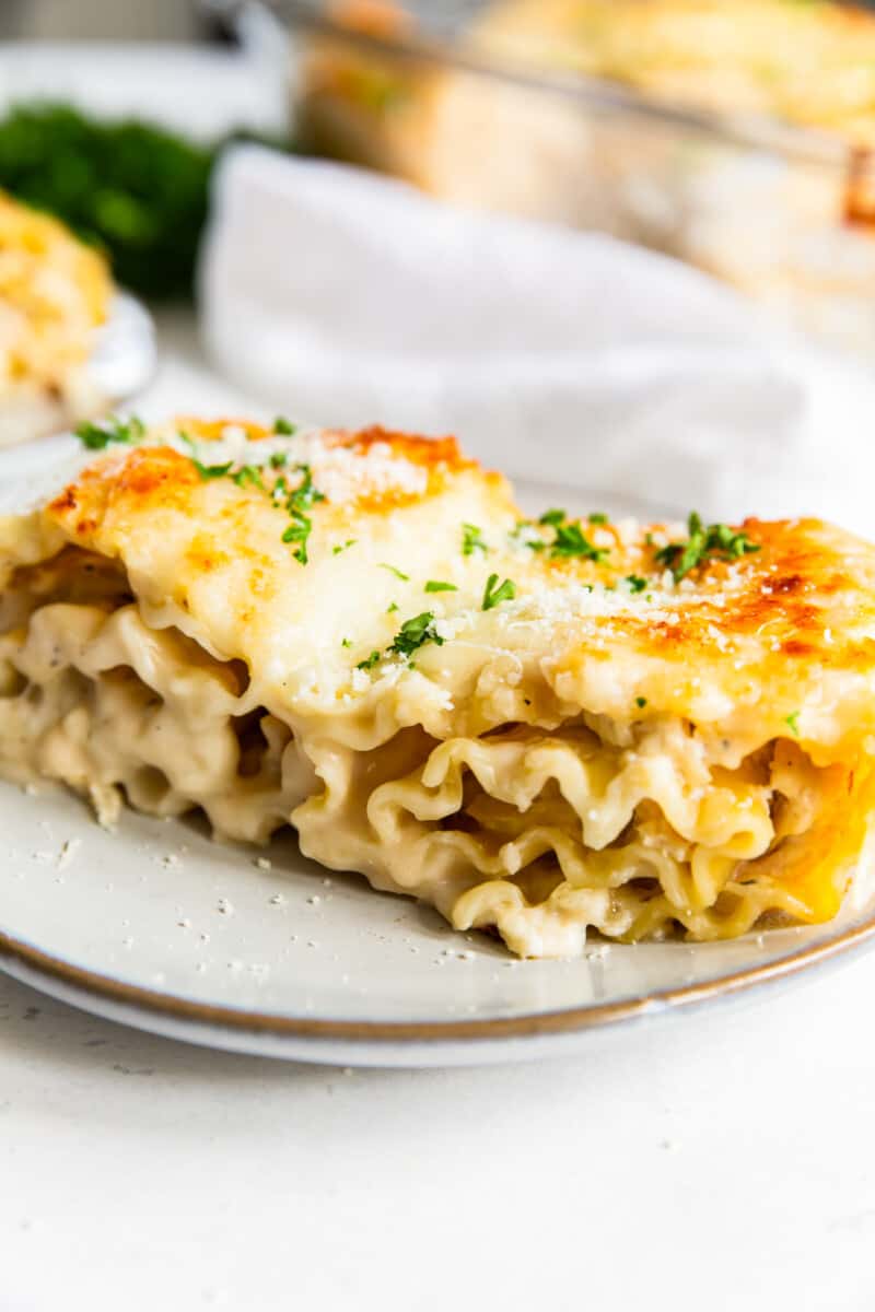 chicken alfredo lasagna roll up on a white plate