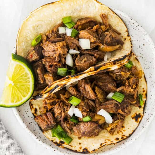 overhead image of 2 beef carnitas tacos on a white plate