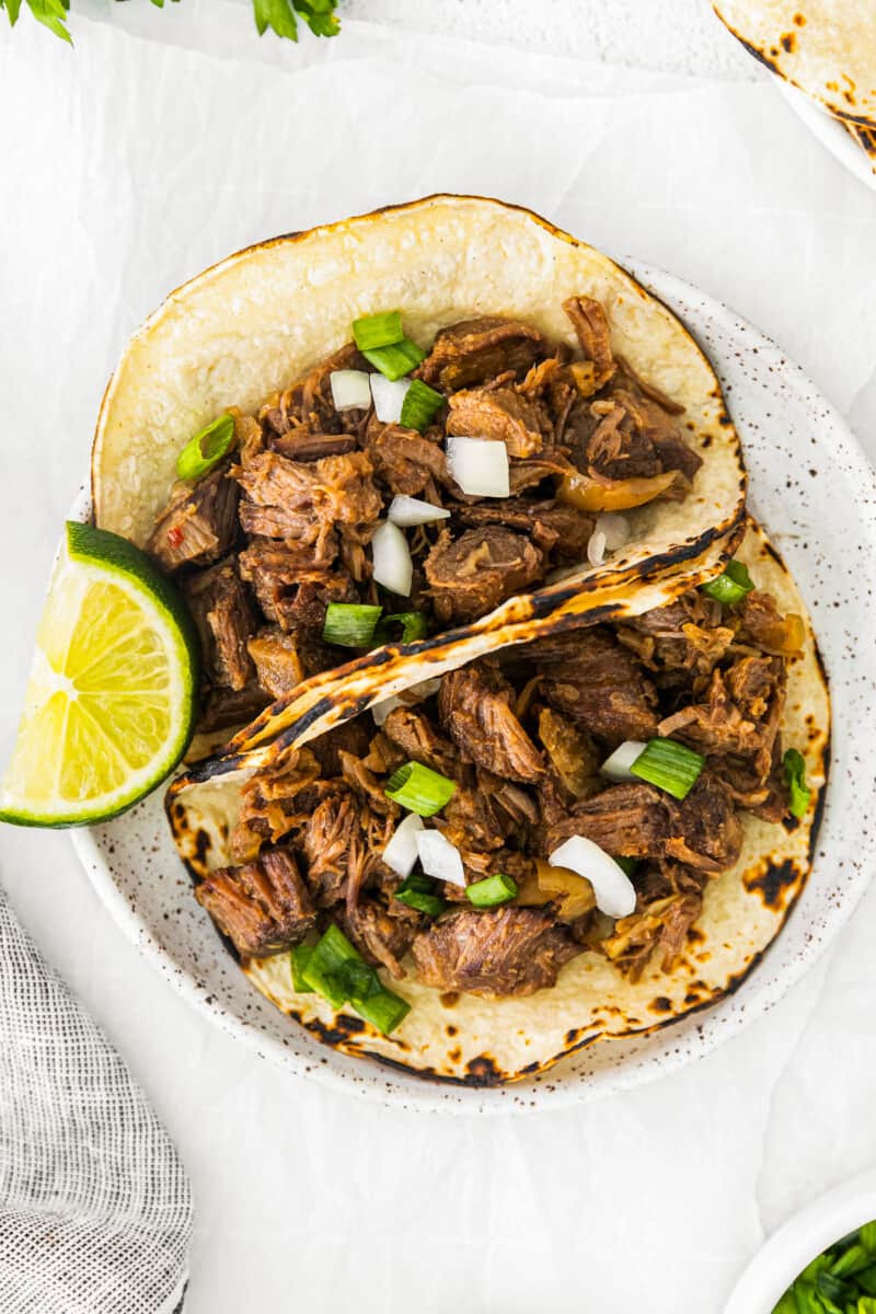 overhead image of 2 beef carnitas tacos on a white plate