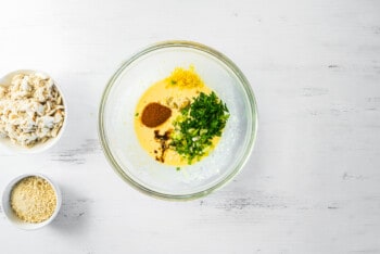 spices and wet ingredients for crab cake mixture