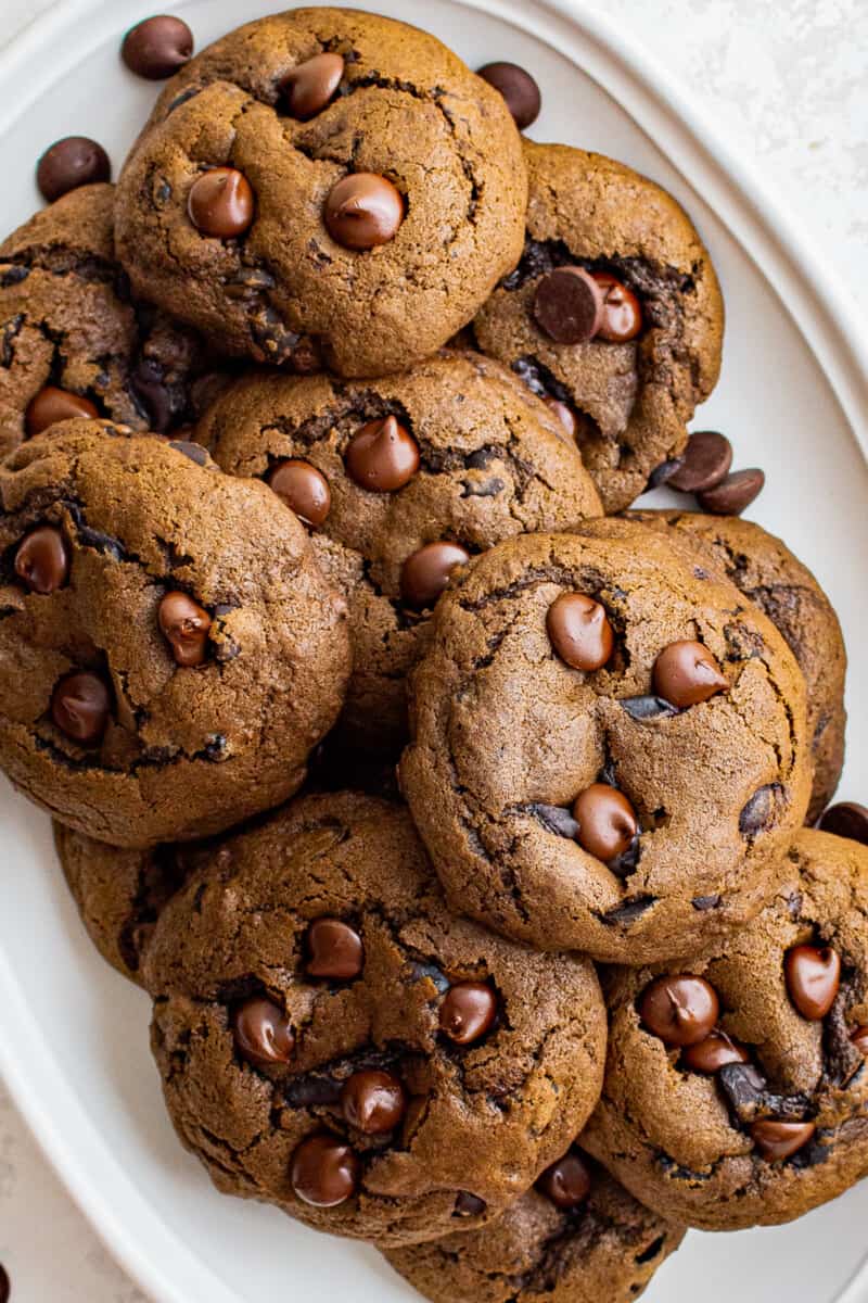mocha cookies on a white serving tray