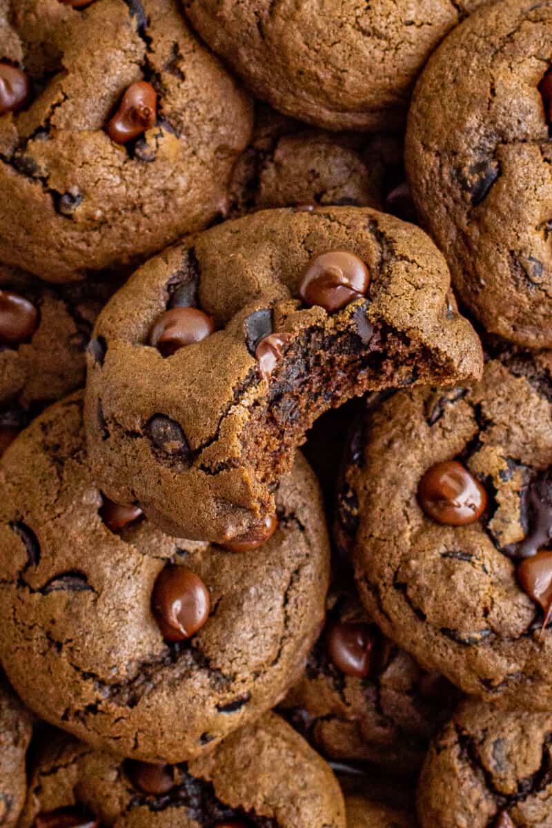 mocha cookies with a bite taken from one cookie