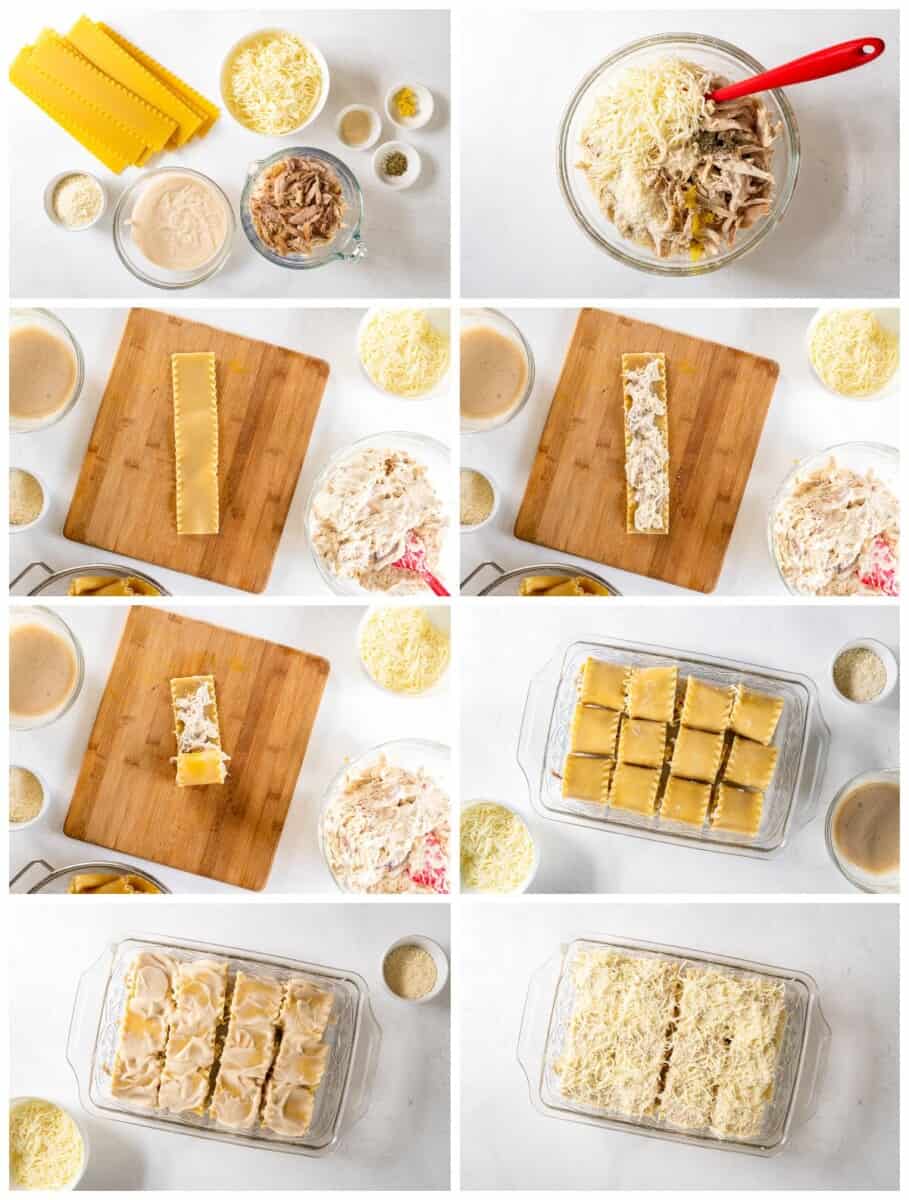 step by step photos for how to make chicken alfredo lasagna roll ups