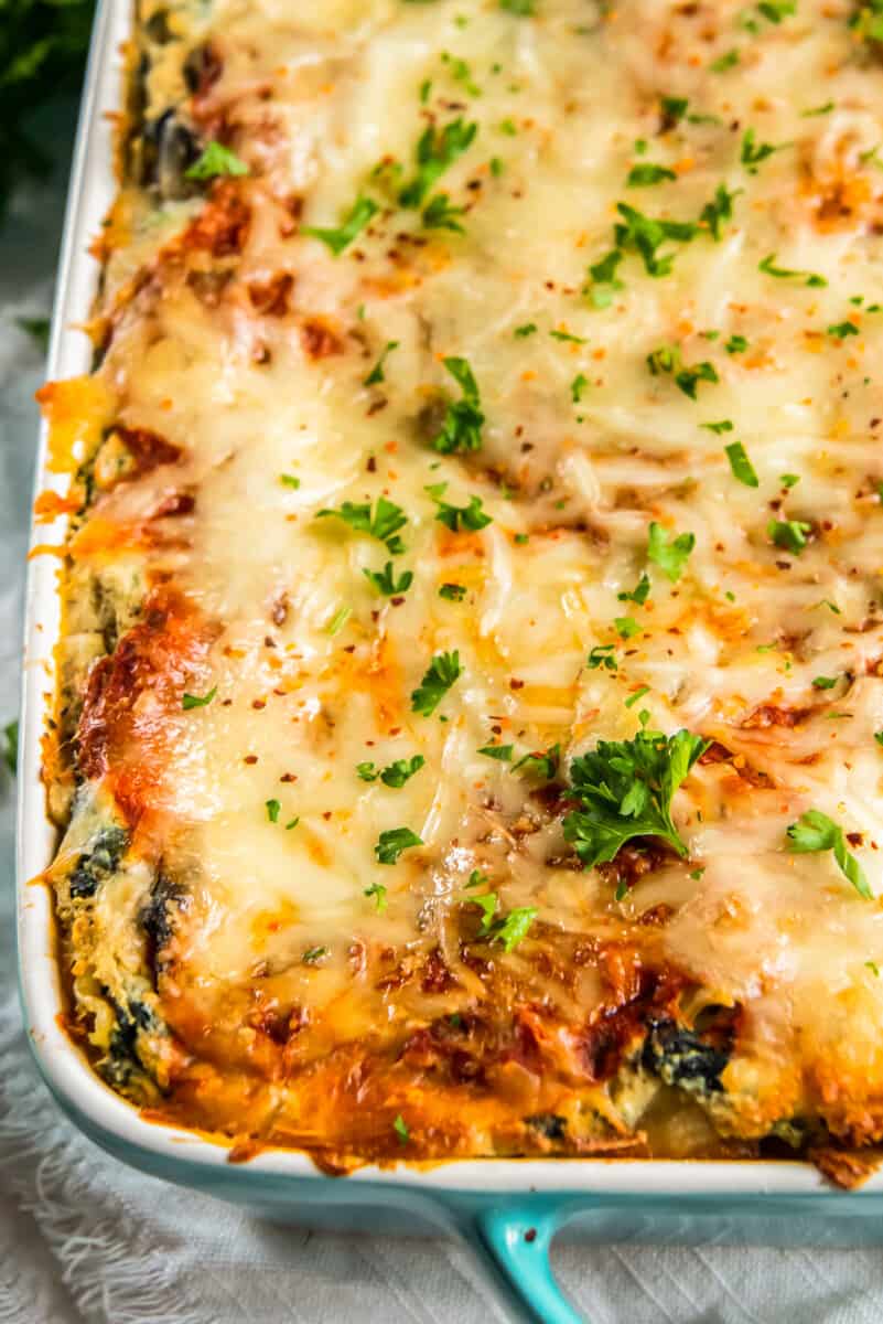 overhead image of vegetarian lasagna after baking in a baking dish