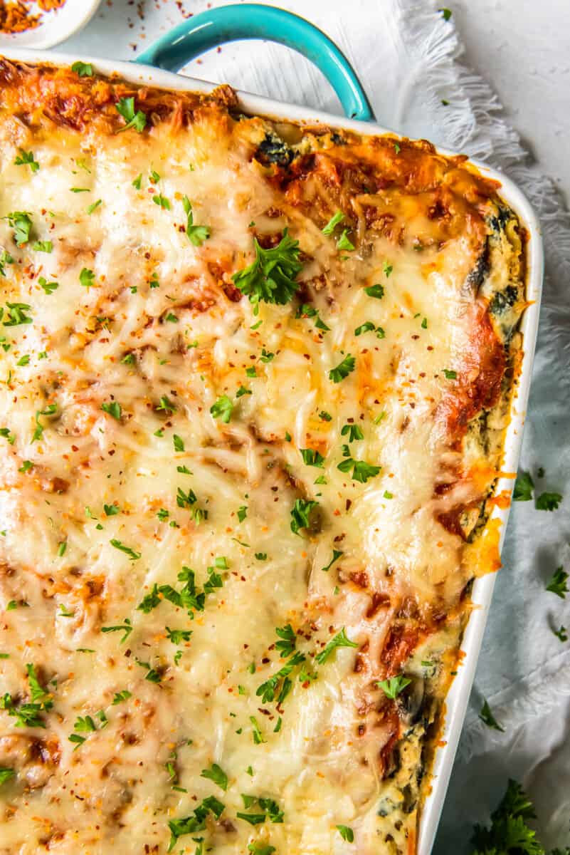 overhead image of vegetarian lasagna after baking in a baking dish