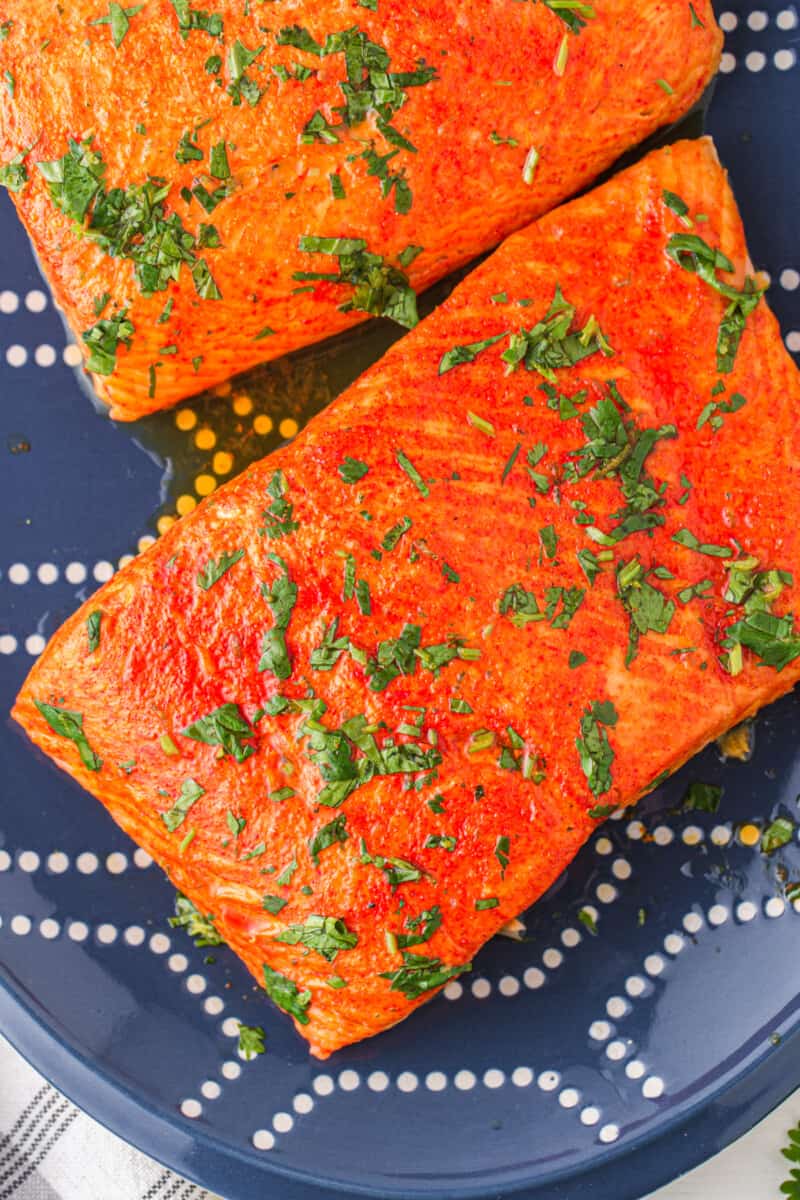 cilantro lime salmon on a blue plate