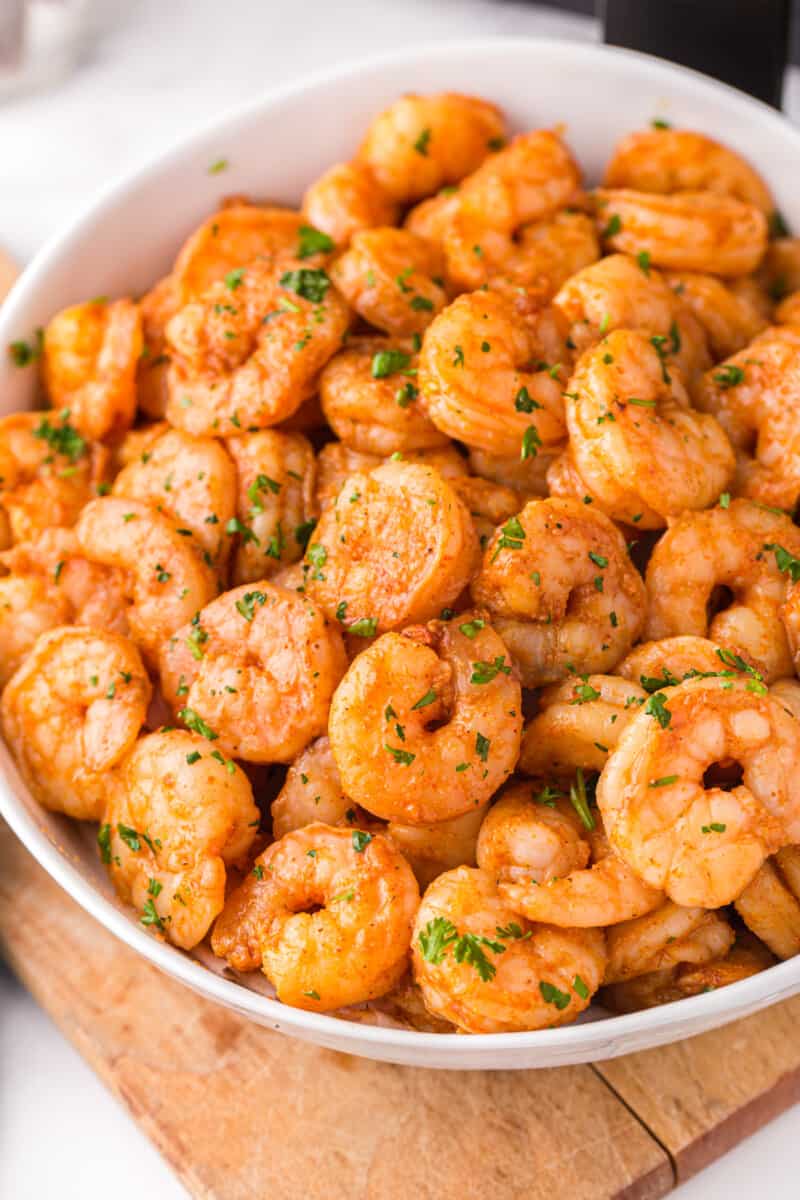 spicy shrimp in a white serving bowl