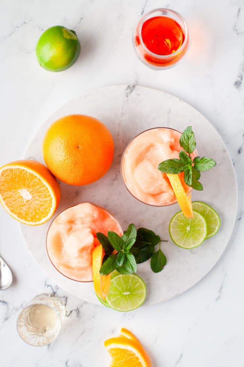 overhead image of frozen Aperol margaritas