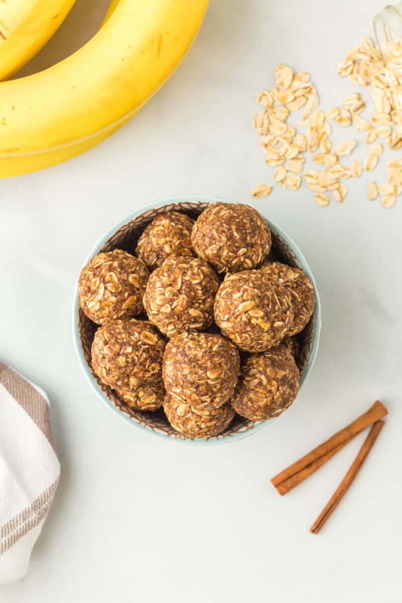 overhead image of banana bread protein balls in a bowl