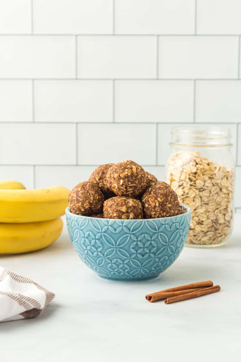 banana bread protein balls in a blue bowl