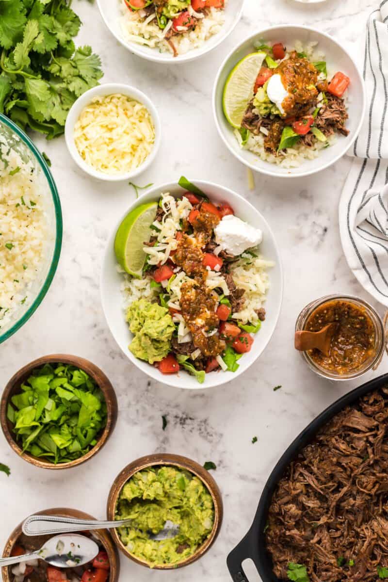 overhead image of assembled barbacoa burrito bowls