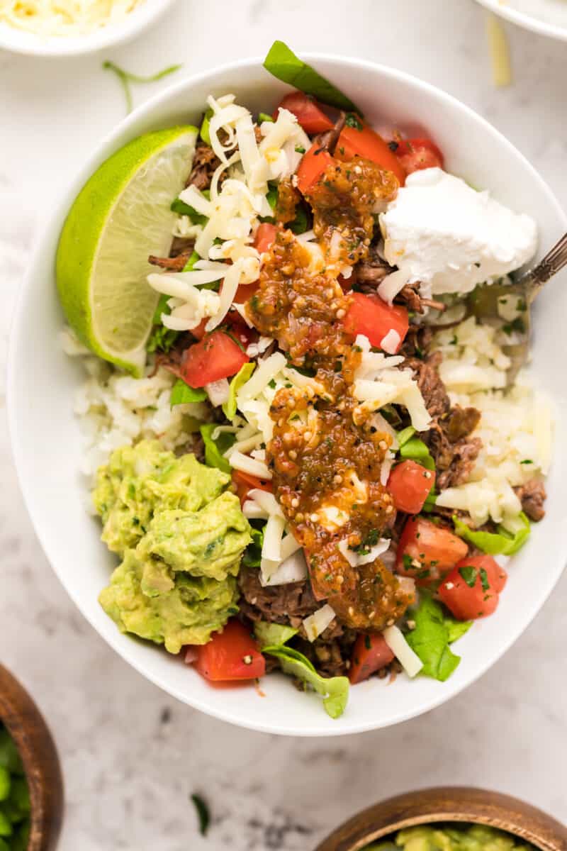 overhead image of assembled barbacoa burrito bowl