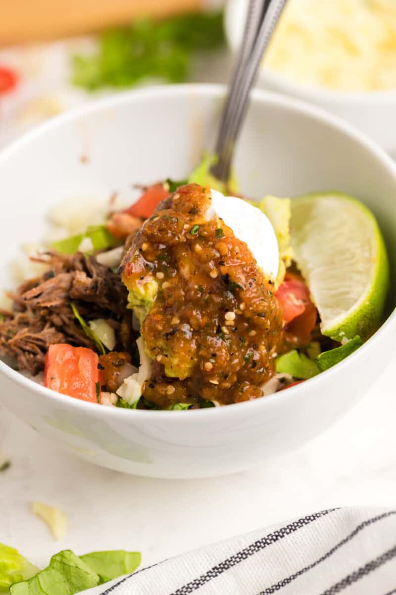 barbacoa burrito bowl with yogurt and salsa on top with a spoon