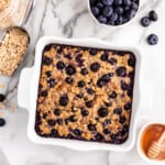 overhead image of blueberry baked oatmeal