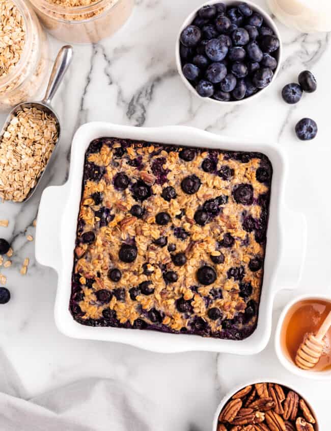 overhead image of blueberry baked oatmeal