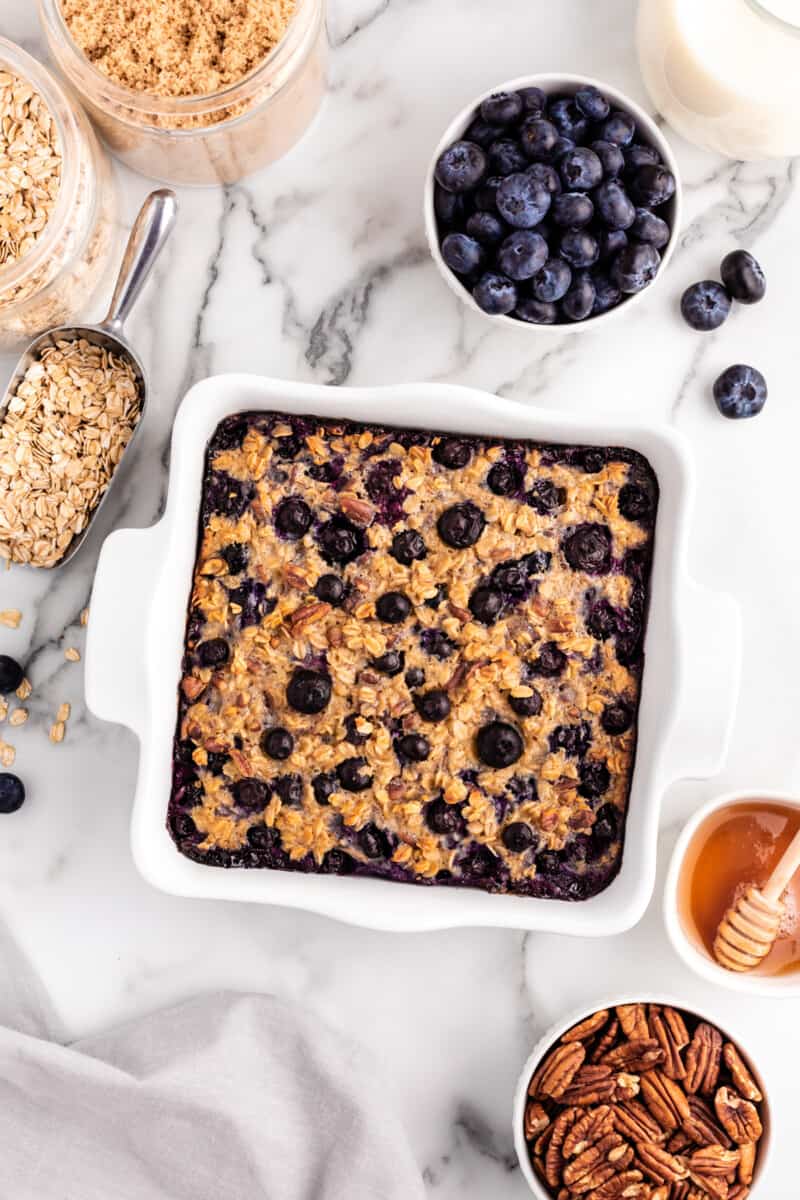 overhead image of blueberry baked oatmeal