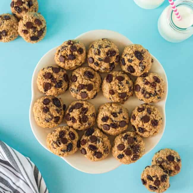 overhead image of chocolate chip breakfast cookies on a white plate