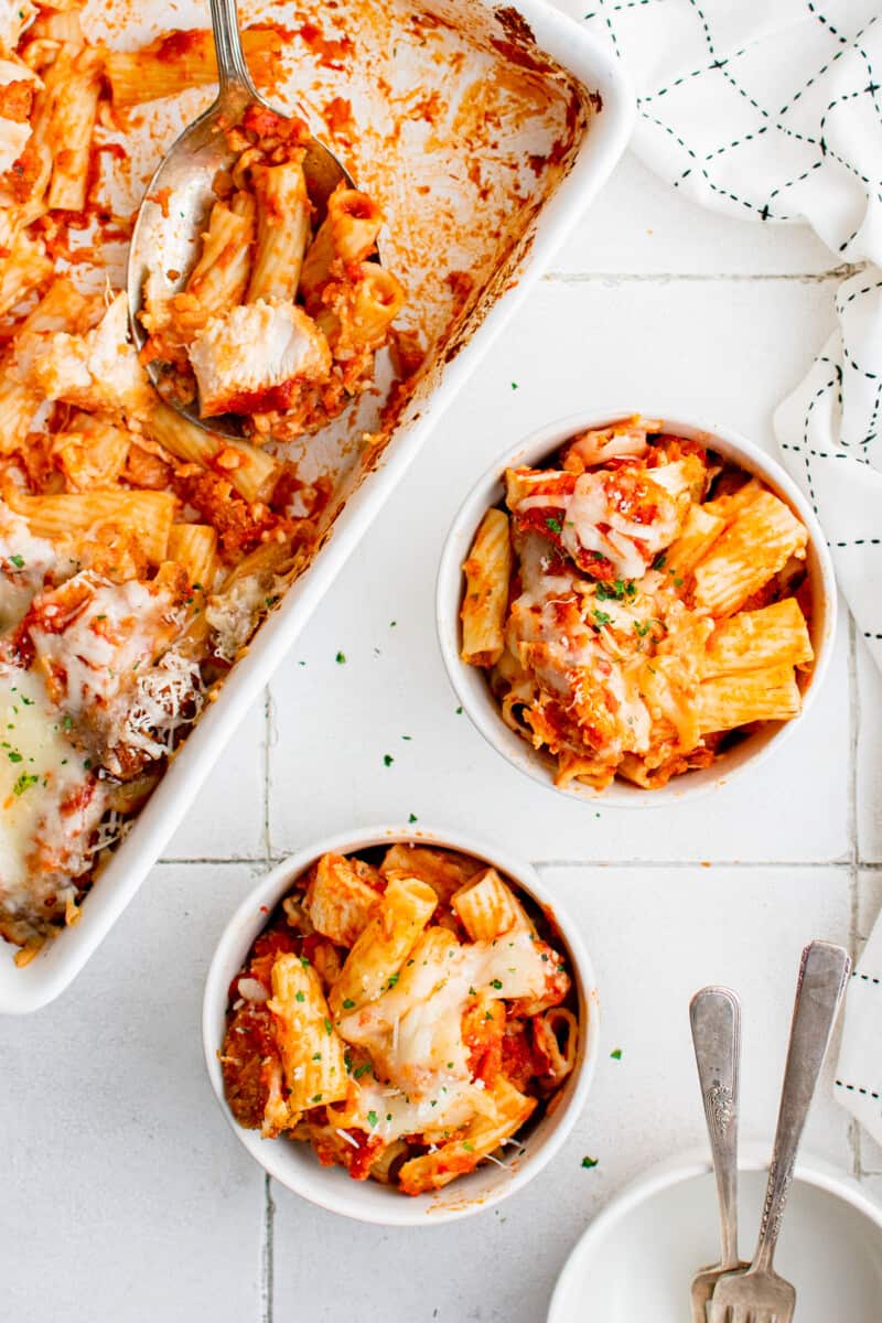 overhead image of 2 bowls of chicken parmesan casserole