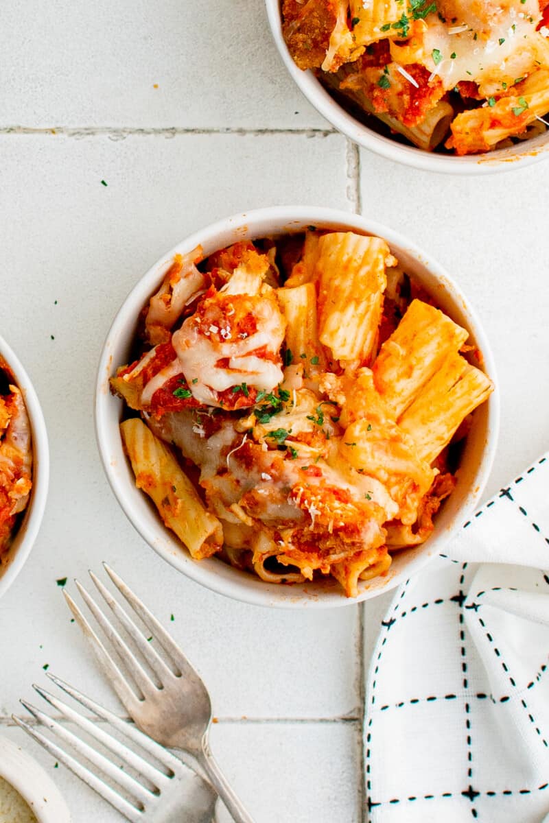 serving of chicken parmesan casserole in a white bowl