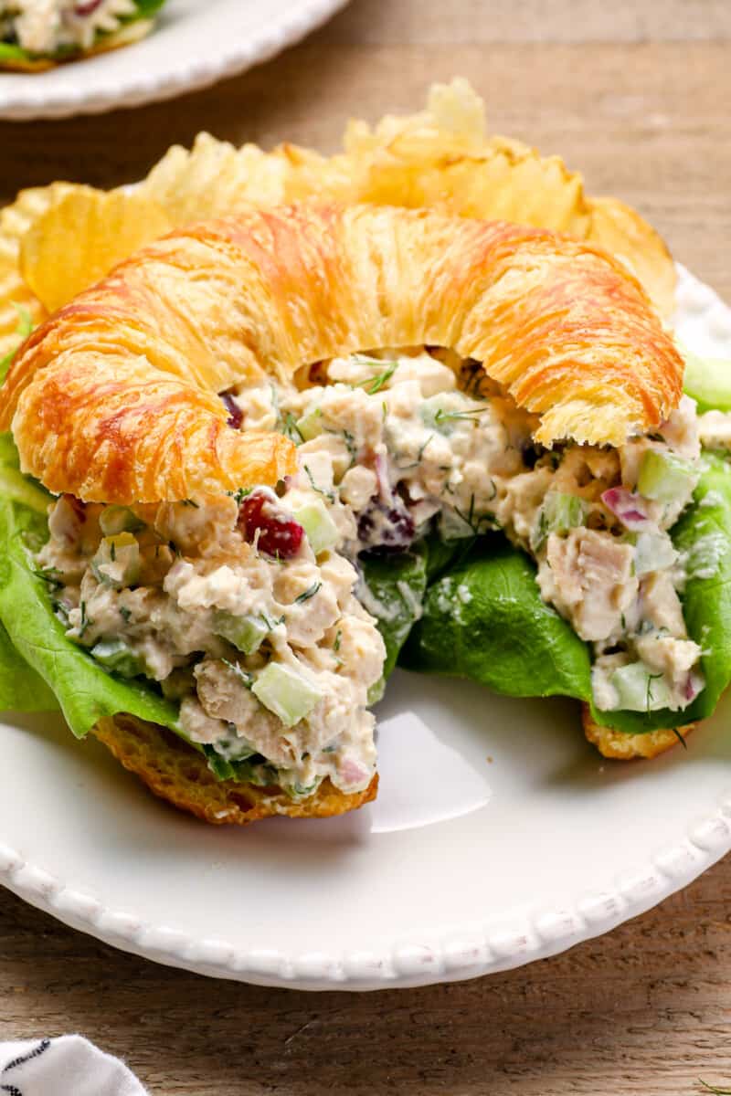 chicken salad on a croissant on a white plate