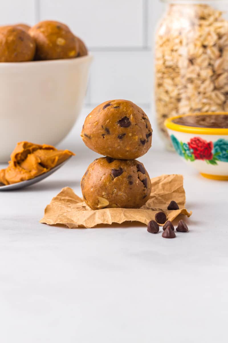 stack of 2 chocolate peanut butter protein balls