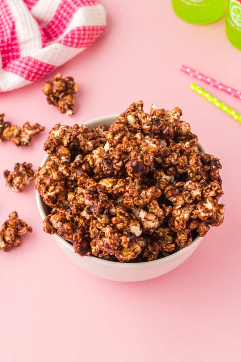 chocolate popcorn in a white bowl