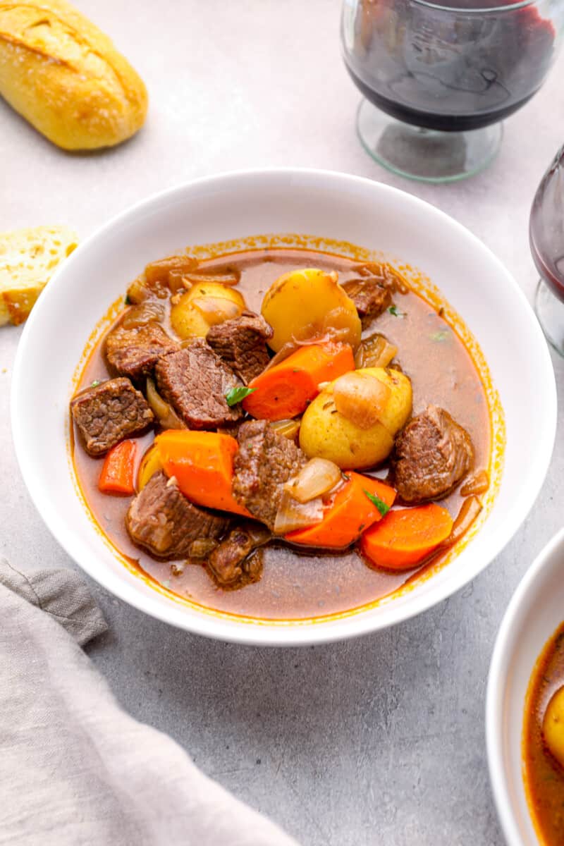 beef stew in a white bowl