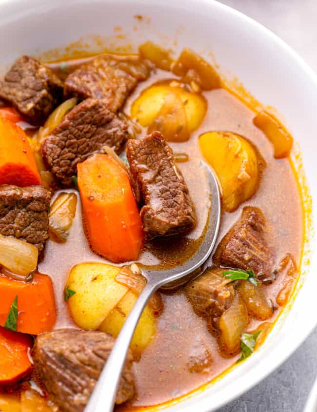 beef stew in a white bowl with a spoon