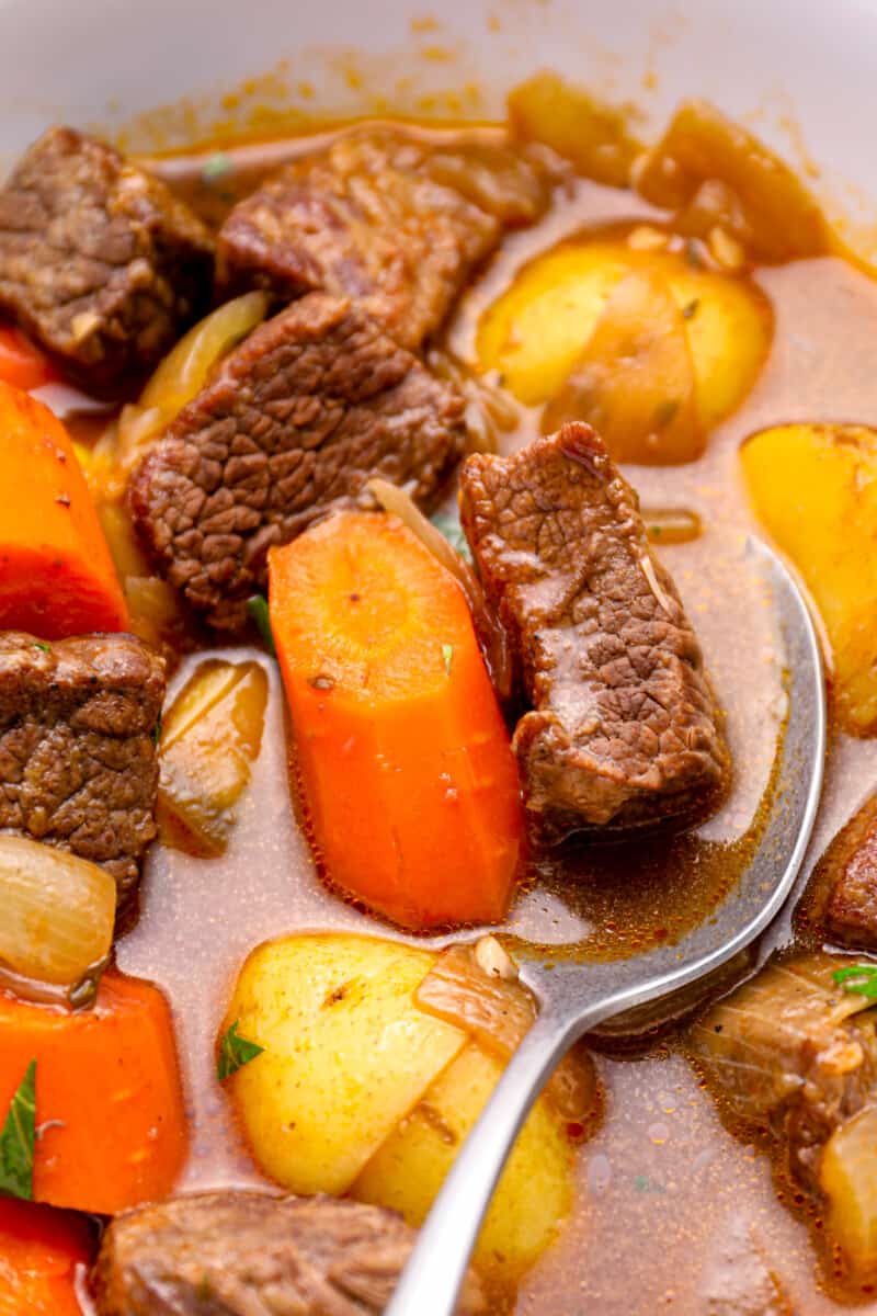 beef stew in a white bowl with a spoon