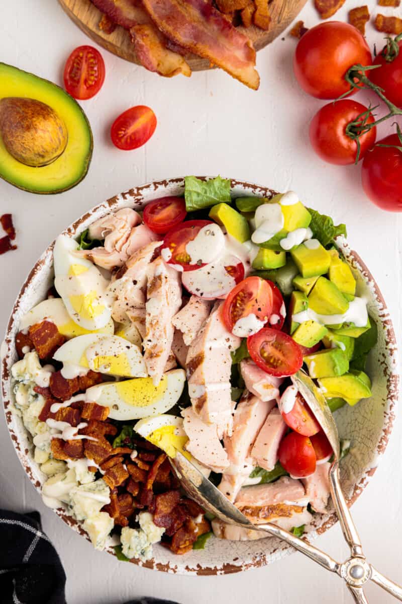 cobb salad with tongs
