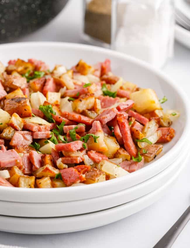 corned beef hash on a white plate