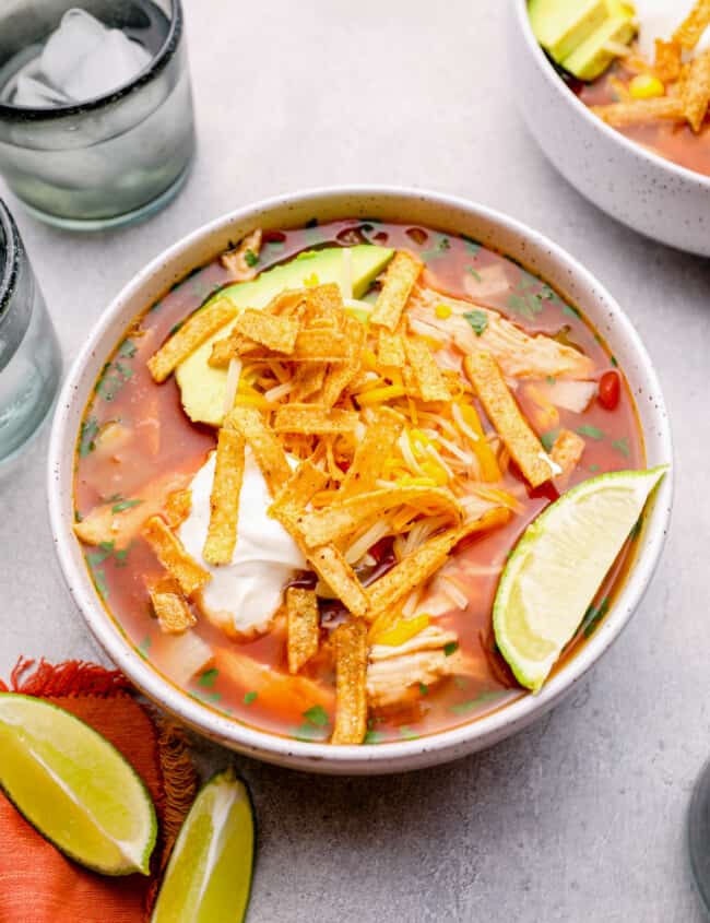 chicken tortilla soup in a white bowl