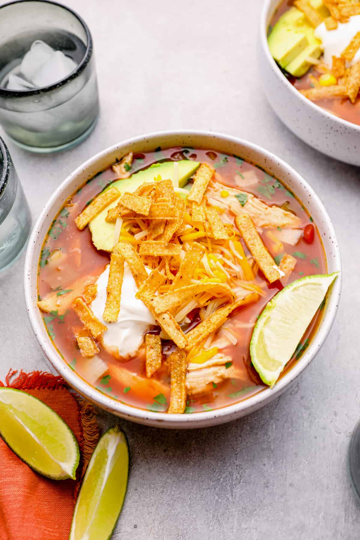chicken tortilla soup in a white bowl