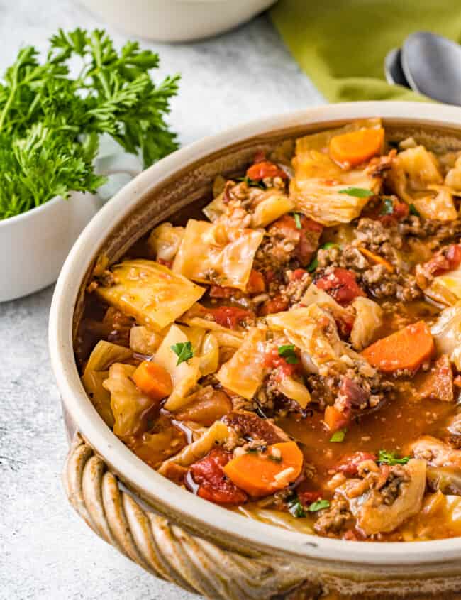 cabbage roll soup in a white bowl
