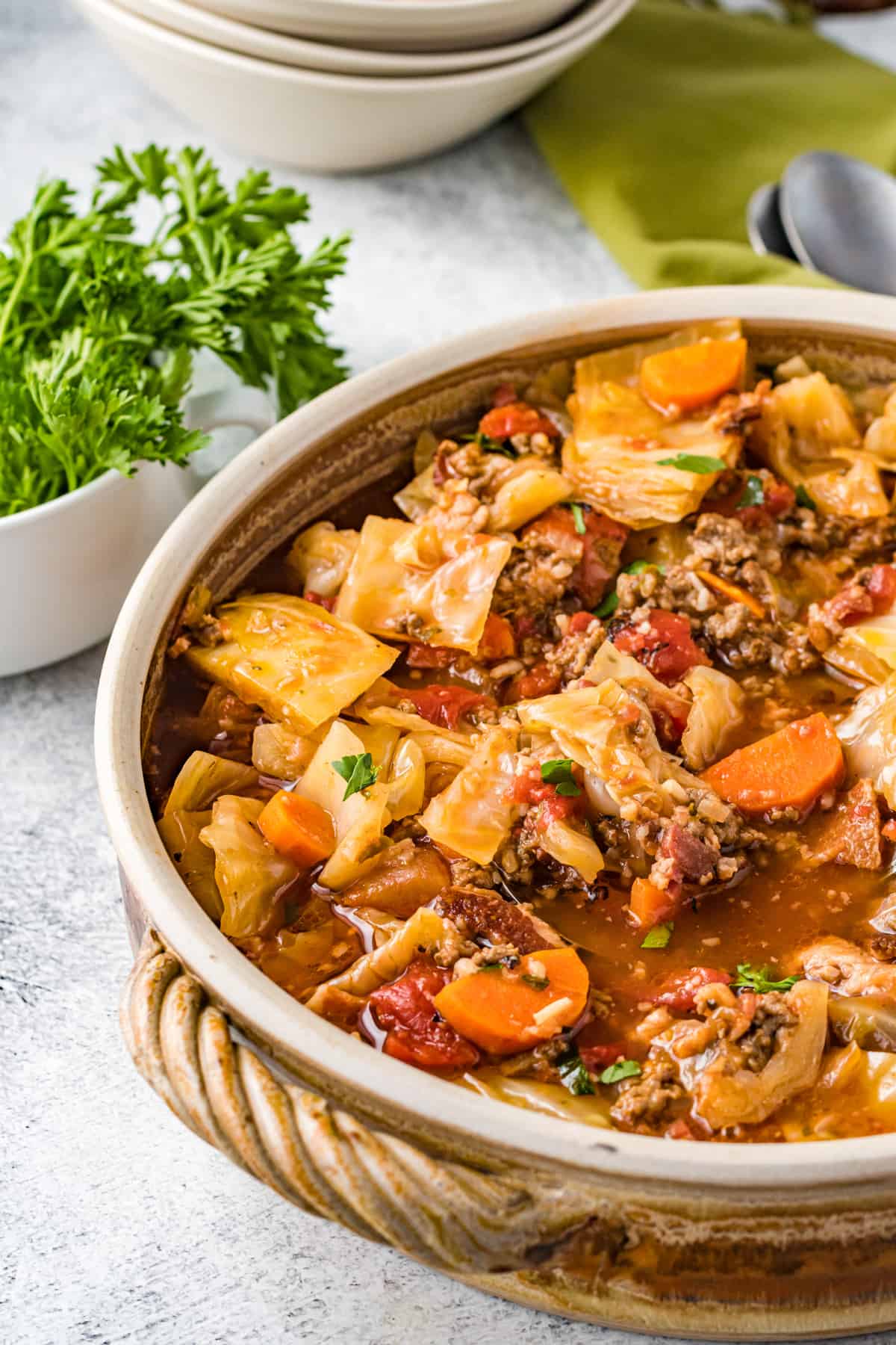 cabbage roll soup in a white bowl