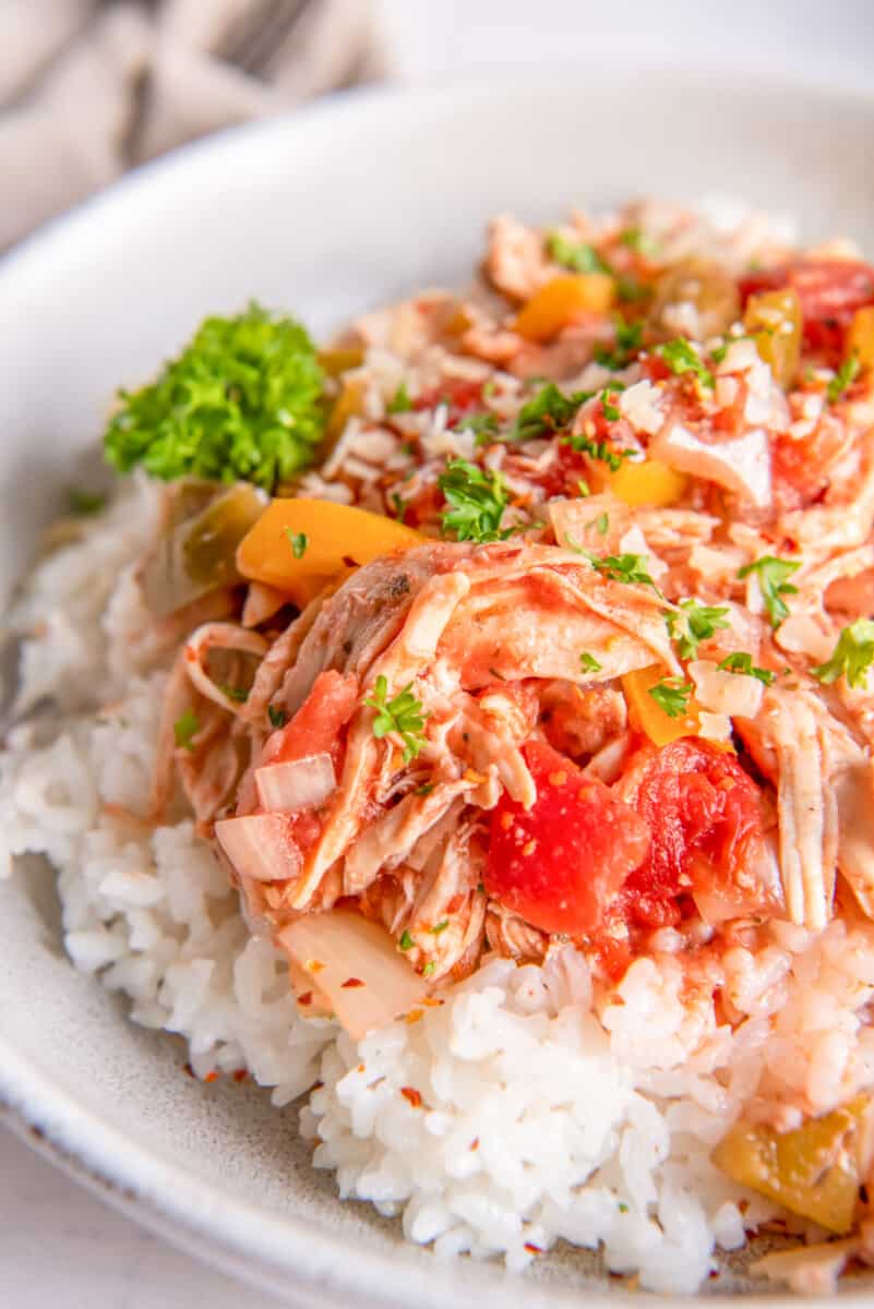 shredded italian chicken on top of rice in a bowl