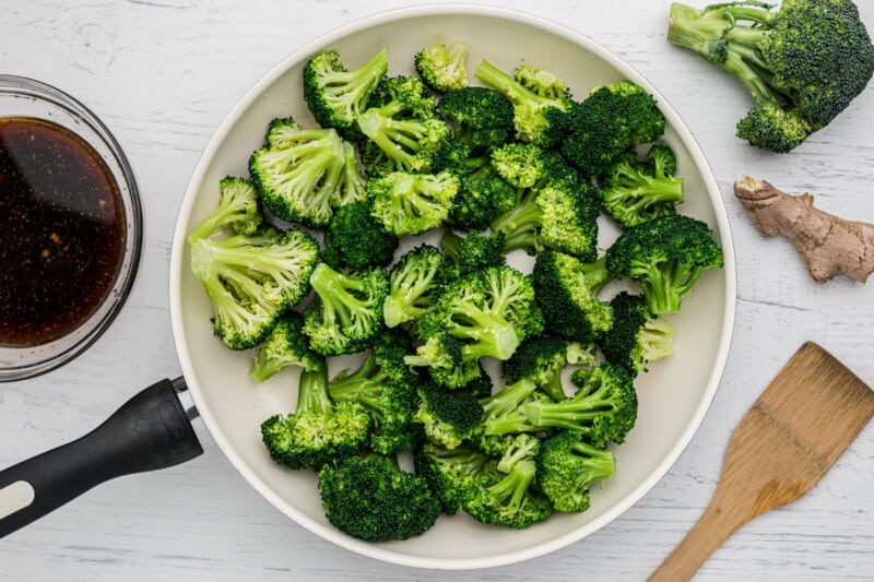 broccoli florets in a skillet