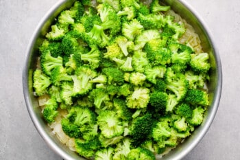 chopped broccoli on top of rice mixture in a pot