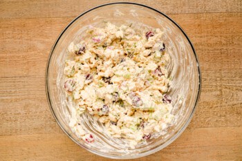 chicken salad in a glass bowl