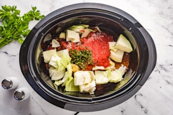 ingredients for cabbage roll soup in a crockpot