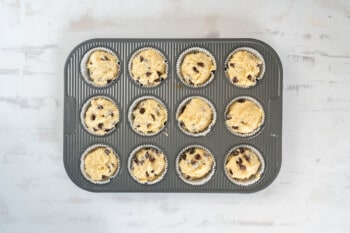 chocolate chip muffins before baking in a muffin pan